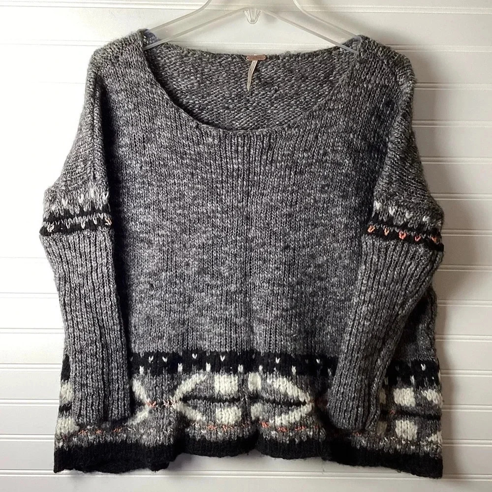 FREE PEOPLE Gray Fair Isle Oversized Wool Sweater Pullover Top Size S/P